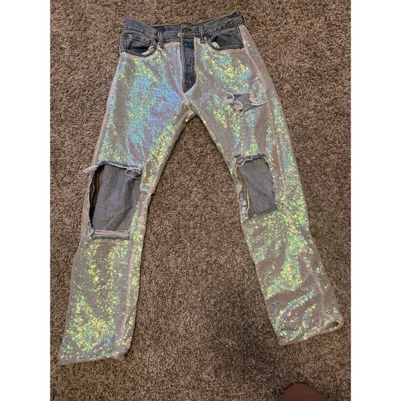 LEVI’S Women’s 501 Jeans Ripped Iridescent Pink Sequins Size W30/L30 Vintage - Picture 1 of 11